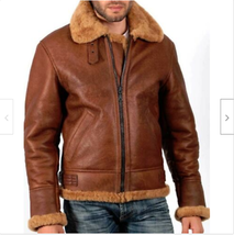 Men&#39;s B3 Aviator Pilot Fur BELTED Shearling Bomber TAN BROWN Leather Jacket/coat - $179.00