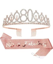 80th Birthday Crown &amp; Sash Set - Rose Gold Glitter &amp; Rhinestone Tiara - £3.98 GBP