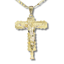 Large Crucifix Pendant 14k GoldPlated 20" Figaro Chain Men Women Religious Chain - $9.49
