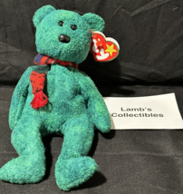 Wallace TY Beanie Baby Bear born 25 Jan 1999 Green Wearing Scarf Plush A... - £34.50 GBP