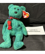 Wallace TY Beanie Baby Bear born 25 Jan 1999 Green Wearing Scarf Plush A... - £34.45 GBP