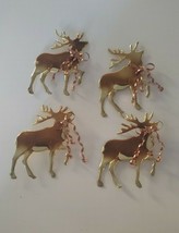 4 Metal Tin Christmas Decorative Gold Reindeer w neck bows - gift decor - £15.97 GBP