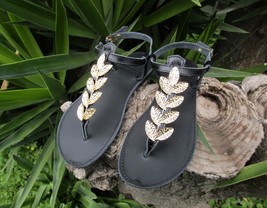 Handmade Greek Leather T-Strap Sandals with Gold Laurel Leaf - £54.18 GBP