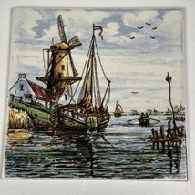 Holland Hand Painted Ceramic Delft Tile Windmill Cottage Sailboat 6x6 Vtg - $14.84