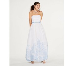 Teeze Me Junior Womens 3/4 White Blue Strapless Waist Tie Floral Hem Gown NWT - £38.98 GBP