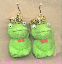 Huge Funky Frog Prince EARRINGS-Big Fuzzy Toads Crown Princess Costume Jewelry - £6.93 GBP