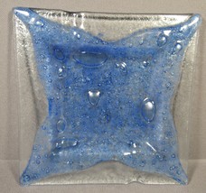 Fused Glass Blue &amp; Clear Square Plate 6&quot; Nautical Abstract with Bubbles. - £12.56 GBP