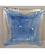 Fused Glass Blue &amp; Clear Square Plate 6&quot; Nautical Abstract with Bubbles. - £12.59 GBP