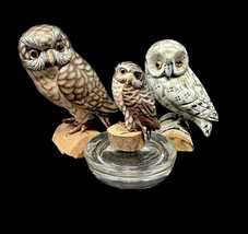 Lot Of 3 Wooden Carved &amp; Hand Painted Owl Figurines Perched On Logs - £42.78 GBP