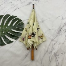 WWF World Wildlife Fund Vintage Umbrella Cream Butterfly Print Wood Handle - $49.66 CAD
