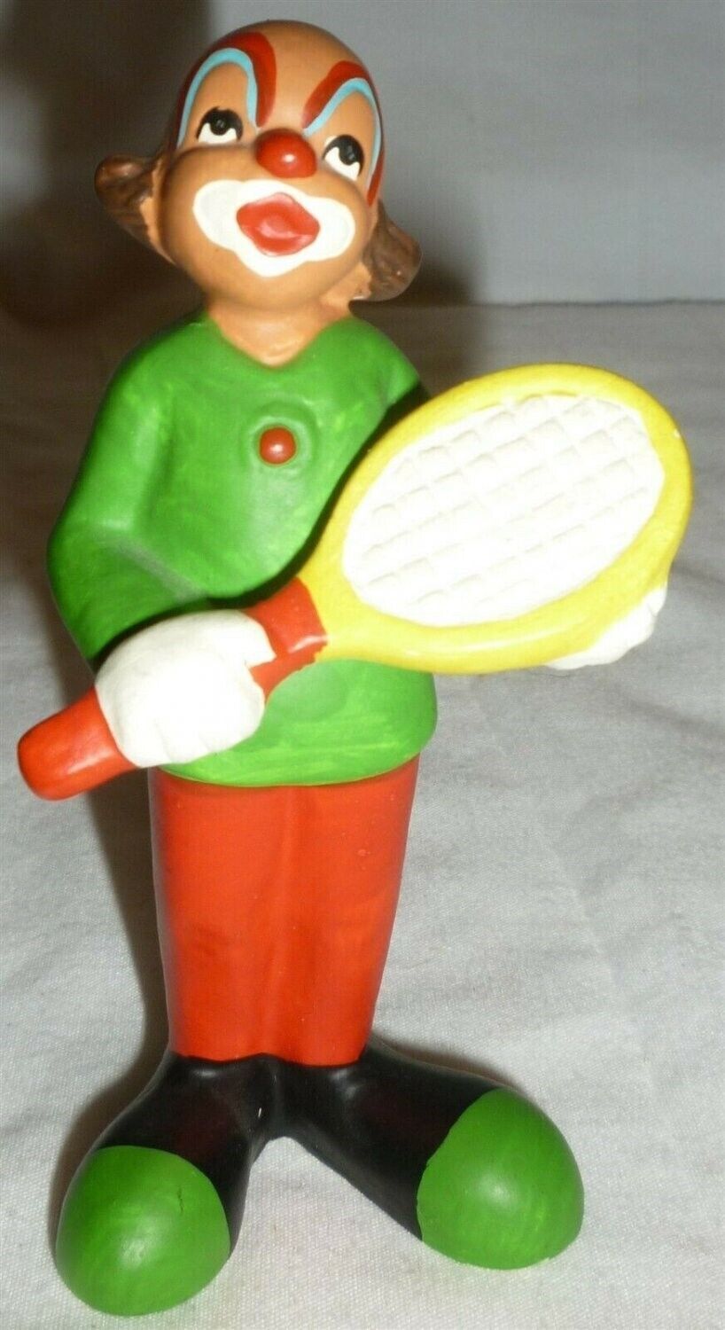 CHARMING HANDPAINTED PLASTER JAPAN CLOWN W/TENNIS RACKET MINIATURE FIGURINE - $6.00