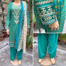 Pakistani Teal GreenPrinted Straight Shirt 3-PCS Lawn Suit w/ Threadwork ,L - £41.95 GBP
