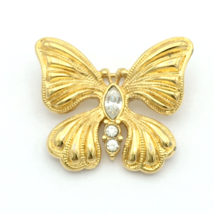 MONET vintage rhinestone butterfly brooch - gold-tone solid wing clear stone pin - £14.35 GBP