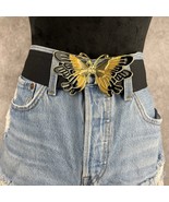 Vintage Butterfly Belt 70s Metal Buckle Black Gold Wide Elastic Hook Clo... - $31.78 CAD