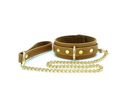 BDSM Light Brown Leather Tango Collar &amp; Matching Leash Set with Gold Har... - £83.73 GBP