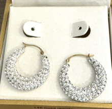 14k Yellow Gold Hoop Earrings Pave Crystallized Swarovski Elements Gold n Ice - £75.12 GBP