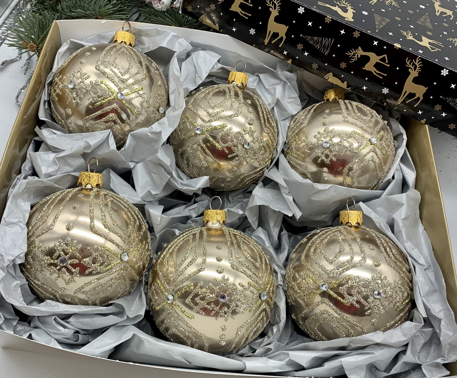 Primary image for Set of 6 gold Christmas glass balls, hand painted ornaments with gifted box