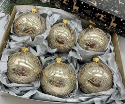 Set of 6 gold Christmas glass balls, hand painted ornaments with gifted box - £55.70 GBP