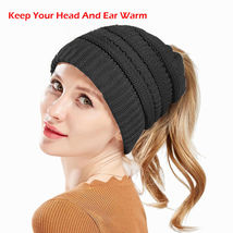 Ponytail Beanie Hat Cable Skull Cap Knit High Messy Bun Warm Winter Women Tail  - £14.78 GBP