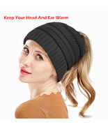 Ponytail Beanie Hat Cable Skull Cap Knit High Messy Bun Warm Winter Wome... - £14.74 GBP