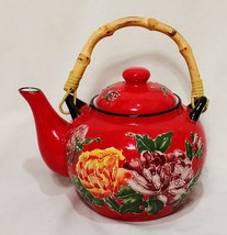 Pier 1 Peony Flowers Orange Purple Floral Red Teapot Bamboo Handle Stoneware 7&quot; - £29.48 GBP