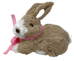 Brown Sisal Easter Bunny Figurine with Ribbon Holding a Pink Easter Egg - £12.95 GBP