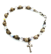 Sterling Silver Christian Cross Charm Bracelet AB Glass Beads 7.5 in - £17.46 GBP