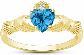 Lab-Created Topazio Cuore Claddagh Promessa Fidanzamento Anello 14k Oro Giallo - £148.36 GBP