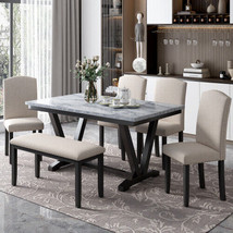 Modern Style 6-piece Dining Table with 4 Chairs &amp; 1 Bench - White - £587.62 GBP