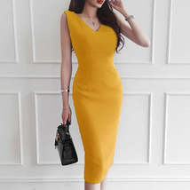 Yellow V-neck with Slit Sleeveless Bodycon Office Dress - $61.95