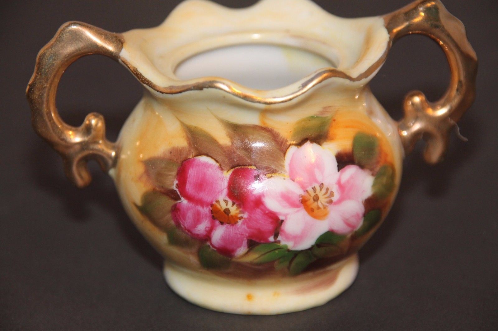 Vintage Enesco Bone China Floral Design Mini Sugar Bowl Gold Painted Han... - $14.01