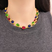 Retro Round Colored Glass Short Chain Choker Necklace Delicate Design Earrings f - £25.13 GBP
