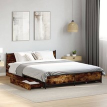 Industrial Rustic Smoked Oak Wooden Queen Size Bed Frame Headboard 4 Dra... - $316.73