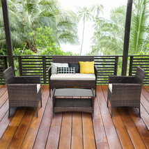 4 PCS Outdoor Patio Rattan Furniture Set Table Shelf Sofa W/ Beige Cushions - £241.48 GBP