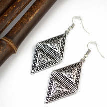 Silver-Plated Engraved Triangle Drop Earrings - £10.38 GBP