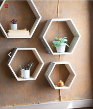 Recycled Wood Hexagon Wall Shelves Set - Whitewash Finish - £67.14 GBP