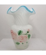 Vintage Art Glass Vase White Swirl  Opalscence Pink Rose Blue Ruffled Rim - £65.43 GBP