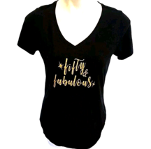 Medium Fifty and Fabulous T-Shirt V-Neck Black Gold Short Sleeve Cotton - $14.95