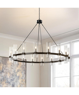 Adjustable 16-Light Industrial Pendant,48" Round Black chandelier w/ Gla... - $334.24