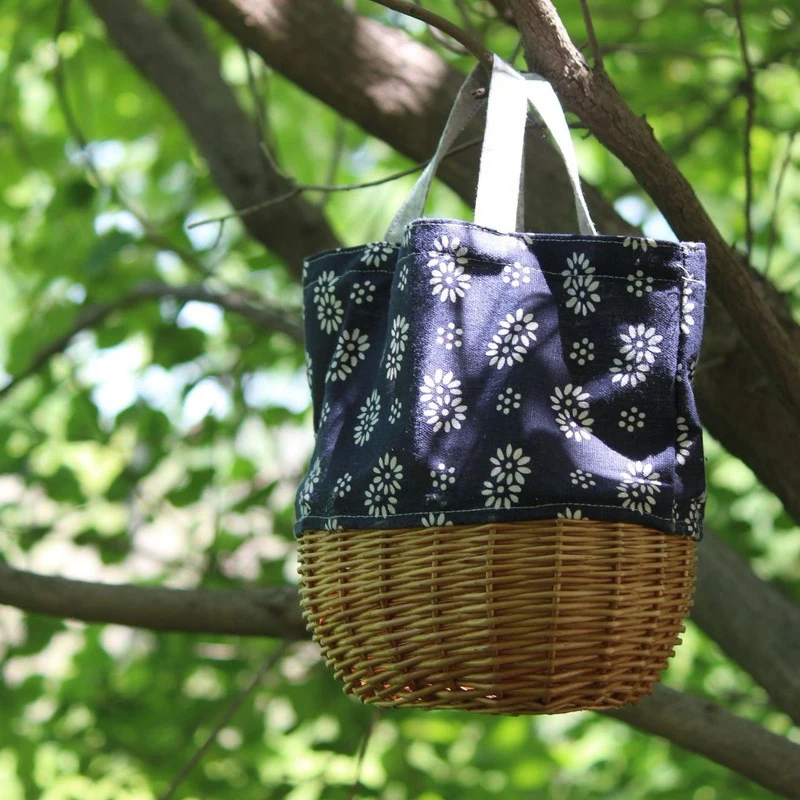 Japanese straw bag straw weave linen stitching rattan bag Flower pattern canvas  - $30.43