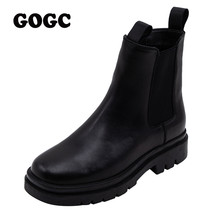 Chelsea Boots Chunky Boots Women Winter Shoes Cowhide Plush Ankle Boots Black Fe - £135.05 GBP