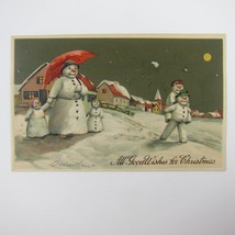 Christmas Postcard Anthropomorphic Snowman Family Houses Night Embossed Antique - £23.48 GBP