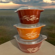 Vintage Set Of Autumn Harvest Wheat Pyrex Bowls W/ Lids - 1 Qt, 1.5 Qt &amp; 2.5 Qt - £71.05 GBP