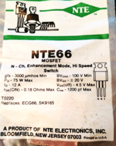 NTE66 Mosfet N-CH Enhancement Mode Hi Speed Switch Nip - $6.38