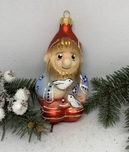 A gnome with a bird glass Christmas handmade ornament,Christmas glass decoration - £11.26 GBP