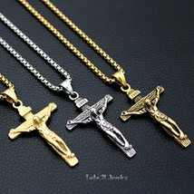 Catholic Jesus Crucifix Cross Pendant Necklace Men Women Stainless Steel 24&quot; - £6.25 GBP+