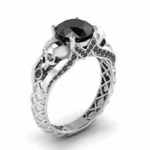 Skull Engagement Ring 2.20Ct Round Cut Black Moissanite 14k White Gold Size 6.5 - £215.52 GBP