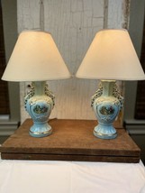 PAIR (2) Baby Blue Table Lamps - Vintage 1950s Atomic Boudouir w/ Gold Accents - £160.92 GBP