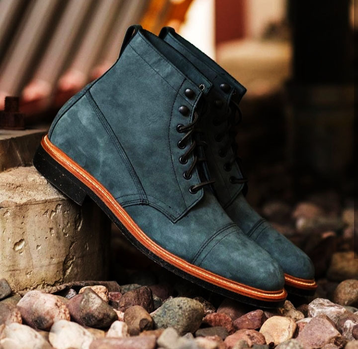 New Handmade Men's Ankle High Boot , Men's navy Blue Suede Cap Toe Lace Up Boot