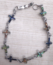 ABALONE Inlay Mini Cross Bracelet Anklet Silver Tone Link Trendy Paula Shell - £11.71 GBP